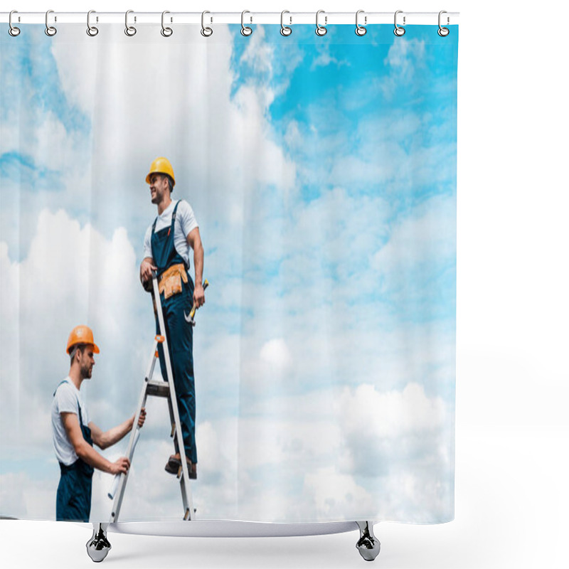 Personality  Cheerful Repairmen Standing On Ladder And Smiling Against Blue Sky With Clouds  Shower Curtains