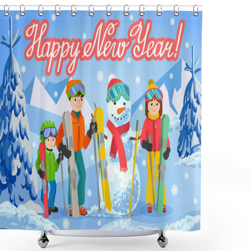 Personality  Vector Illustration Of New Year Congratulation Card With Winter Landscape Happy Family Playing Snowman, Skiing, Walking Outdoor. Shower Curtains