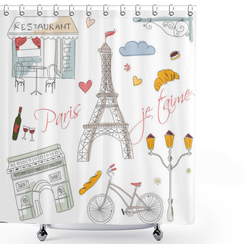 Personality  Paris Symbols, Postcard, Hand Drawn Shower Curtains