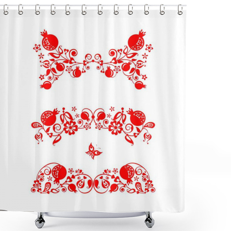 Personality  Beautiful Floral Folk Red Decorative Headers With Abstract Pomegranate Tree, Fruit And Flowers For Greeting Card, Wedding Invitation, Book Dividers, Ethnic Embroidery, Fashion Print On White Background Shower Curtains