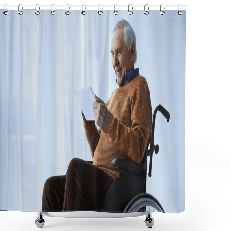 Personality  Smiling Elderly Man In Wheelchair Looking At Tablet In Hands At Retirement Home Shower Curtains