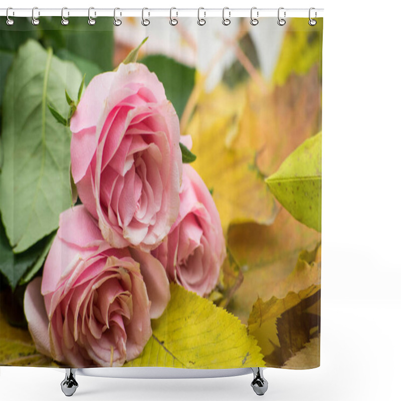 Personality  Three Delicate Pink Roses Rest On A Bed Of Vibrant Autumn Leaves, Showcasing The Contrast Between The Soft Petals And The Warm Tones Of Fall Foliage. Shower Curtains