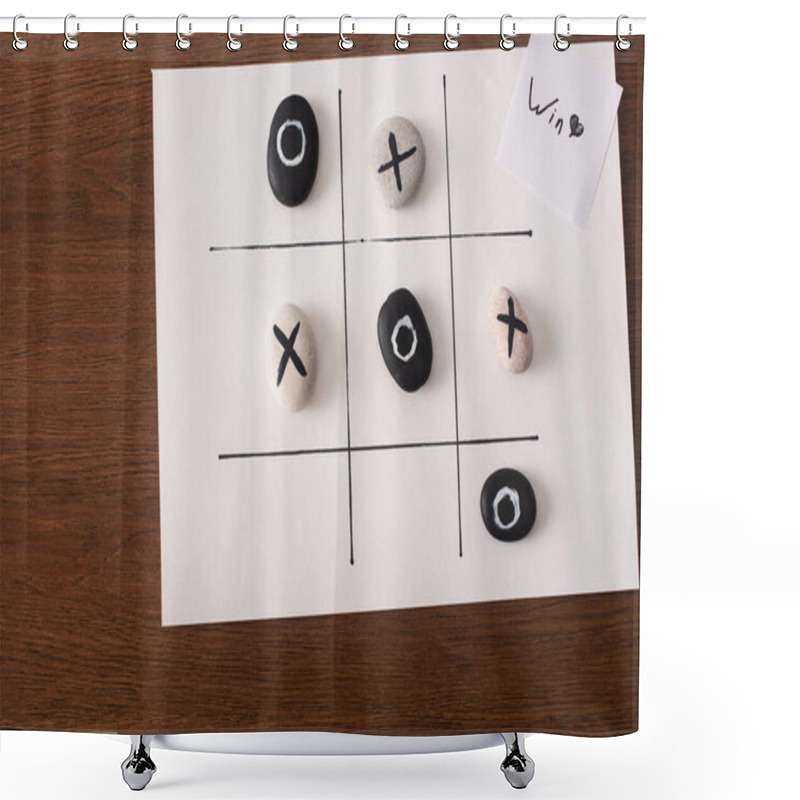 Personality  Top View Of Tic Tac Toe Game With Stones Marked With Naughts And Crosses, And Card With Win Inscription On Wooden Surface Shower Curtains