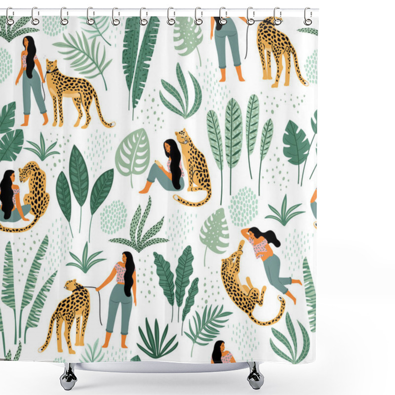 Personality  Vector Seamless Pattern With Women, Leopards And Tropical Leaves. Shower Curtains