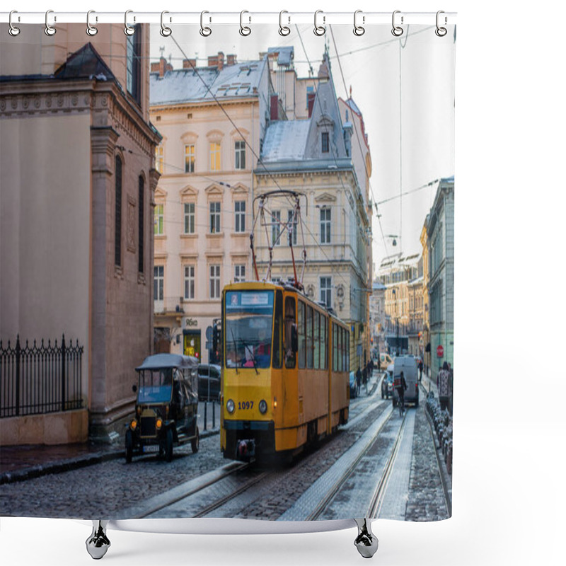 Personality  LVIV, UKRAINE - December 03, 2021. Tram Tatra KT4SU #1097 Riding With Passengers In The Streets Of Lviv. Shower Curtains