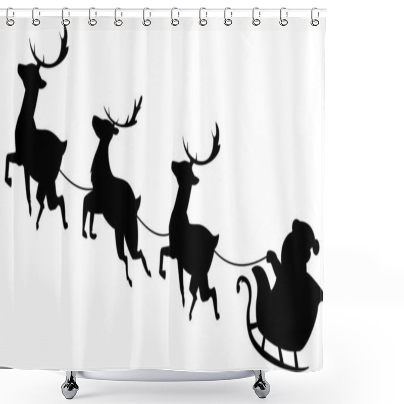 Personality  Santa Claus Flying In Sleigh With Reindeer. Black Silhouette Christmas Illustration Isolated On White Background. Shower Curtains