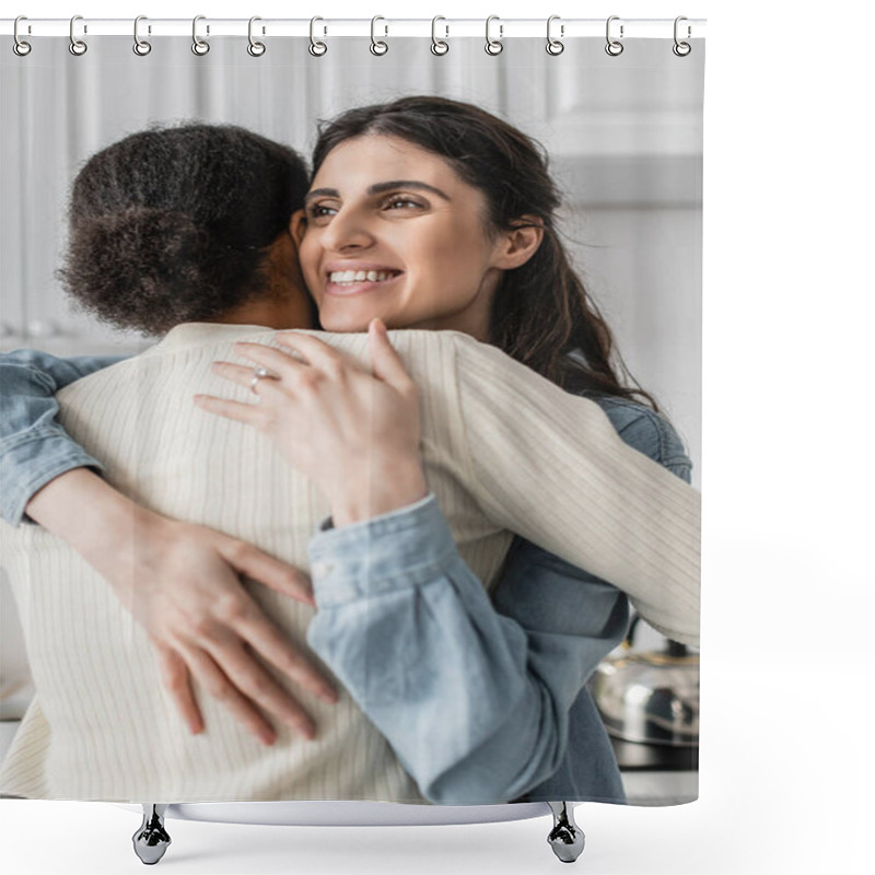 Personality  Happy Lesbian Woman With Wedding Ring On Finger Smiling And Hugging Multiracial Girlfriend   Shower Curtains