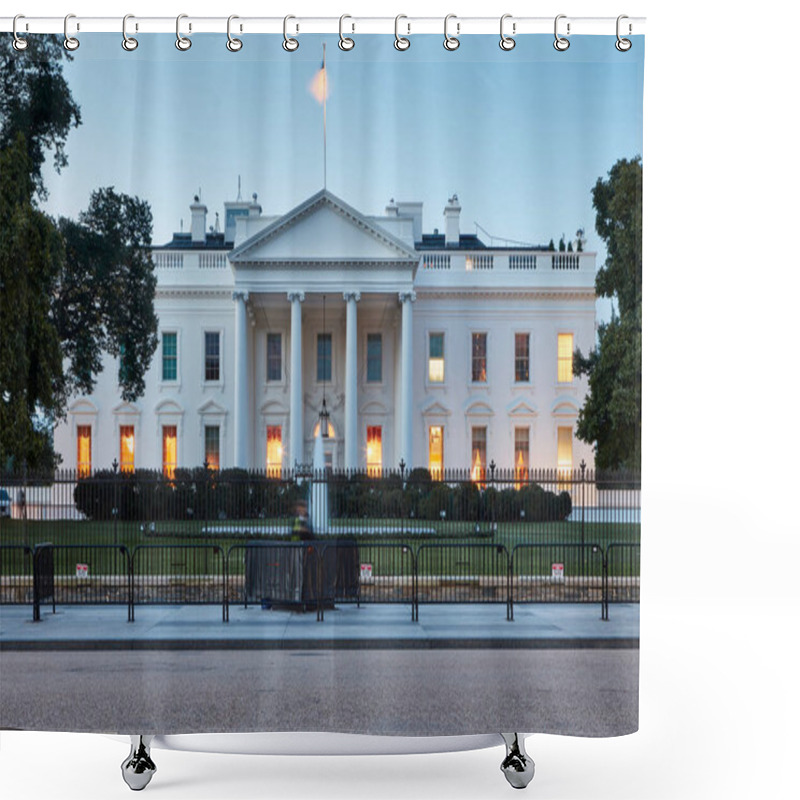 Personality  A Clear, Symmetrical Shot Of The White House In Washington, D.C., Taken At Dawn. The Soft Morning Light Contrasts With The Warm Glow Emanating From The Windows Of This Historic Building. The U.S. Flag Flies At The Top. Shower Curtains