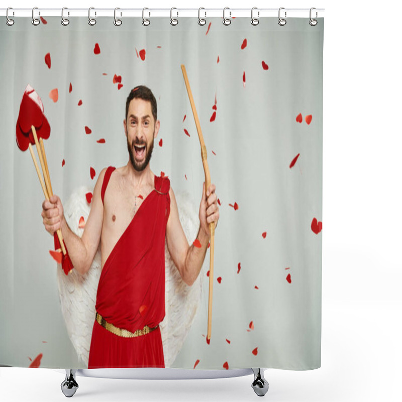 Personality  Bearded Man In Cupid Costume With Heart-shaped Arrows And Bow Screaming From Excitement On Grey Shower Curtains