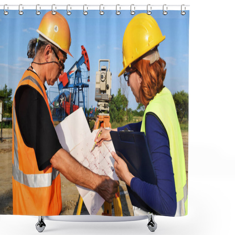 Personality  Two Geodets At Work On An Oil Well   Shower Curtains