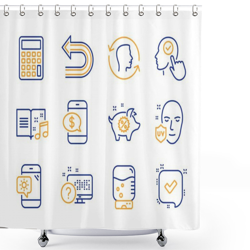 Personality  Undo, Piggy Sale And Select User Icons Set. Face Id, Weather Phone And Calculator Signs. Vector Shower Curtains