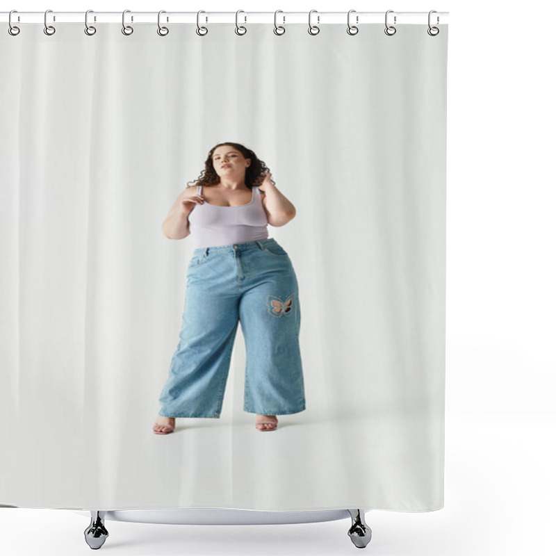 Personality  Young Woman Dazzles In A Stylish Outfit, Radiating Beauty And Confidence. Shower Curtains