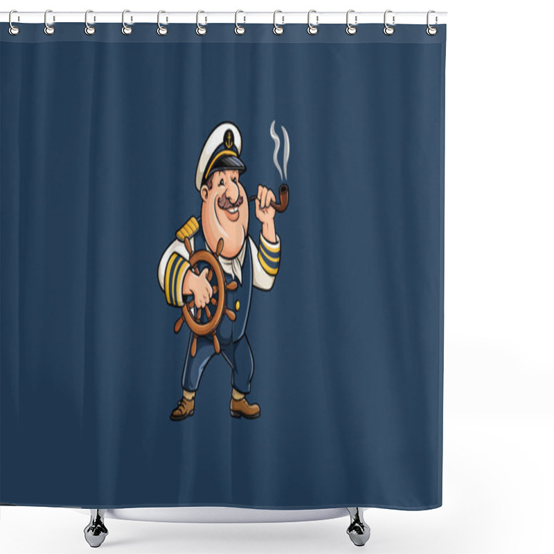 Personality  Cheerful Cartoon Captain With A Ship Wheel And Smoking Pipe. Shower Curtains