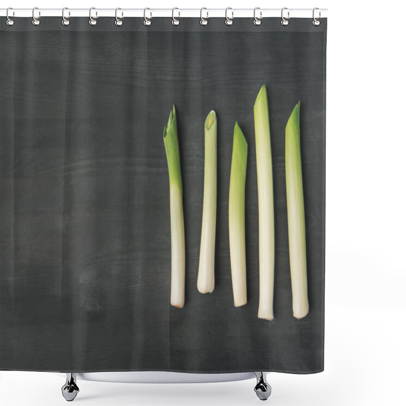 Personality  Top View Of Arranged Fresh Leek On Dark Tabletop Shower Curtains