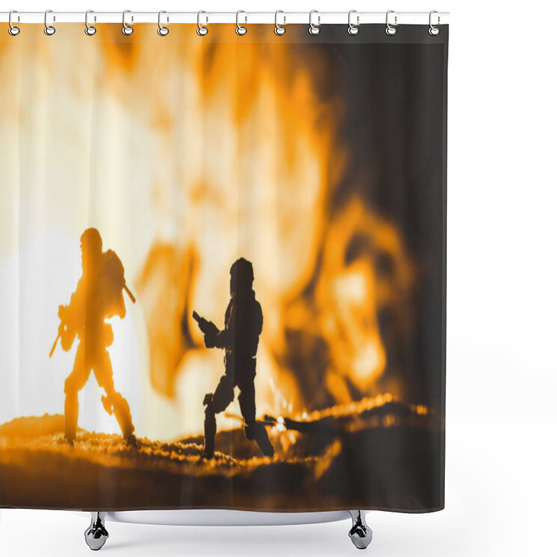 Personality  Toy Soldiers Silhouettes With Guns On Planet With Sun In Smoke On Background Shower Curtains