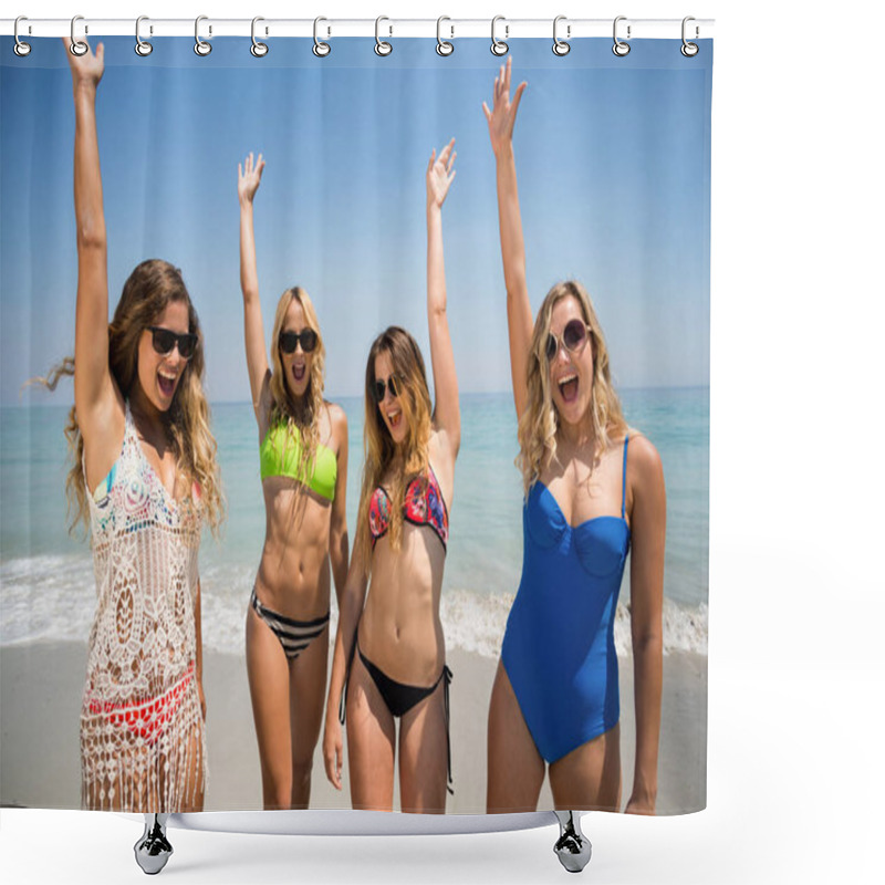 Personality  Female Friends In Bikinis Enjoying At Beach Shower Curtains