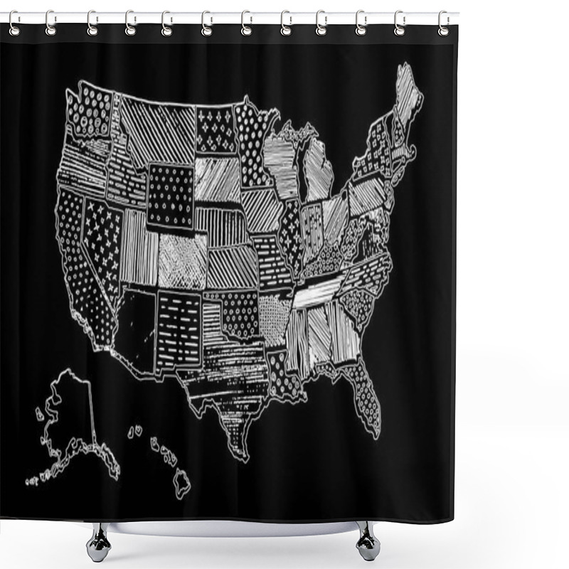 Personality  United States Of America Drawing Linear Art Map. USA Vector Illustration. Chalk Drawing Territory Print. Country Poster With States For Travel Materials And Education. Cartoon Style Image Hand Drawn. Shower Curtains