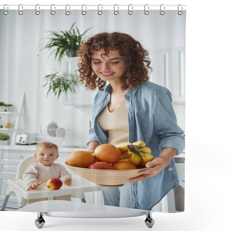 Personality  Happy Woman With Bowl Of Ripe Fruits Near Toddler Daughter Sitting In Baby Chair In Morning Kitchen Shower Curtains