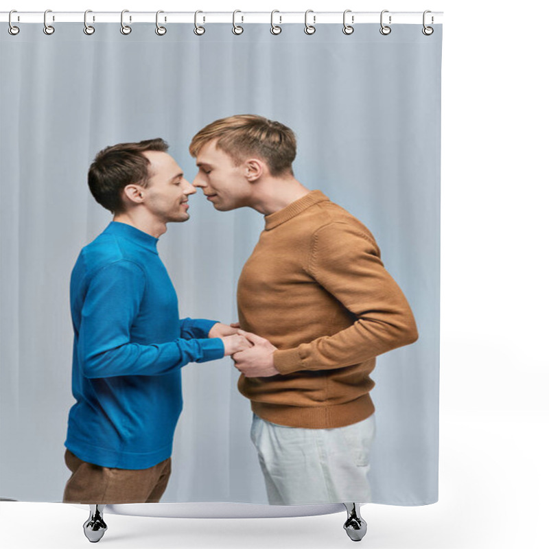 Personality  Two Young Men, A Loving Gay Couple, Stand Together In Casual Attire Against A Gray Backdrop. Shower Curtains