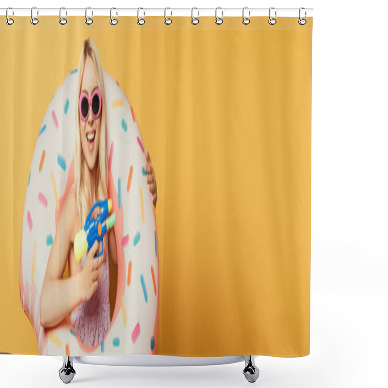 Personality  Panoramic Crop Of Happy Blonde Girl In Swim Ring Holding Water Gun On Yellow Background Shower Curtains