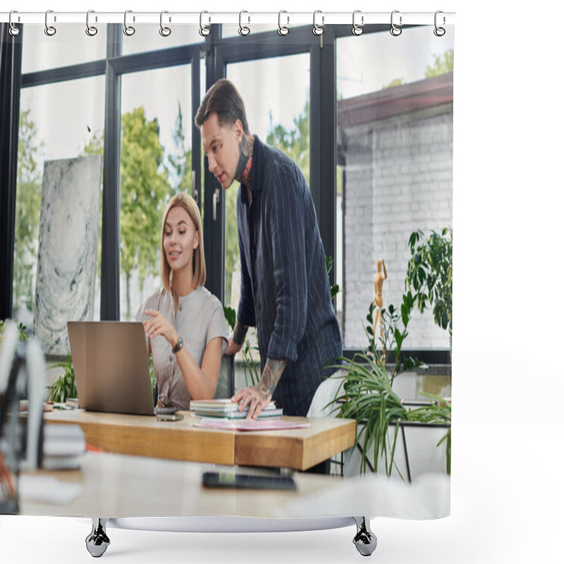 Personality  Two Coworkers Engage In A Lively Discussion While Working On A Laptop At Their Desk. Shower Curtains