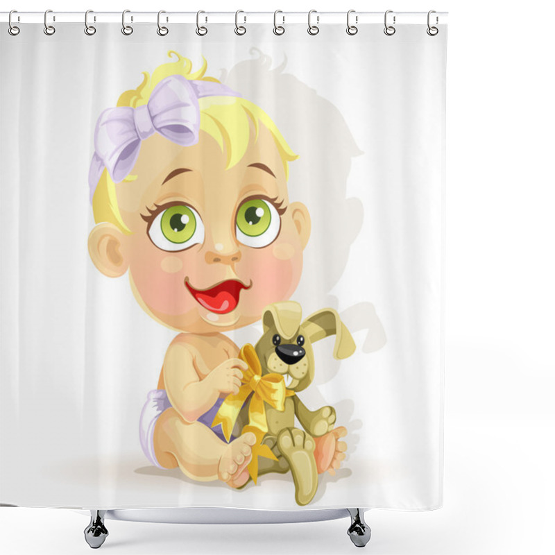 Personality  Little Baby Girl In A Diaper With A Plush Rabbit Shower Curtains