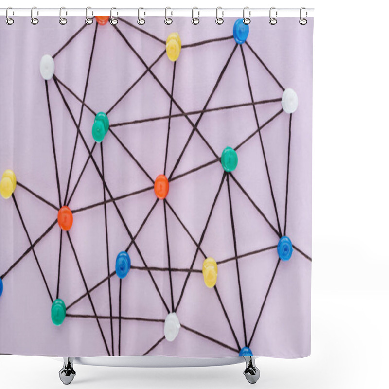 Personality  Top View Of Push Pins Connected With Strings Isolated On Pink, Network Concept Shower Curtains