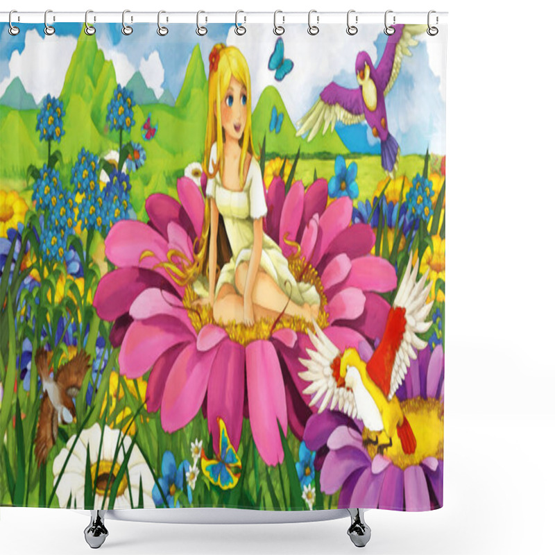 Personality  Cartoon Scene With Tiny Princess Elf Girl Lady In Nature Illustration For Children Artistic Painting Scene Shower Curtains