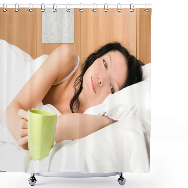 Personality  Beautiful Woman With A Cup Of Coffee In Bed Shower Curtains