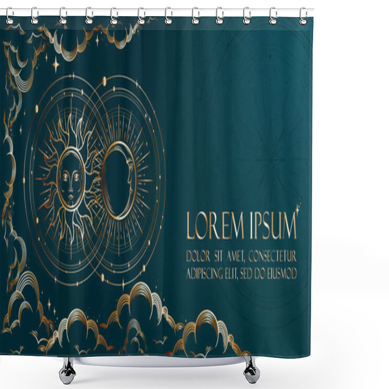 Personality  Occult Banner For Astrology, Divination, Tarot With Symbols Of Moon, Sun, Stars. Magic Background Design Vector Illustration In Gold Colour. Landing Page, Web Design. Occultism And Astrology Concept. Shower Curtains