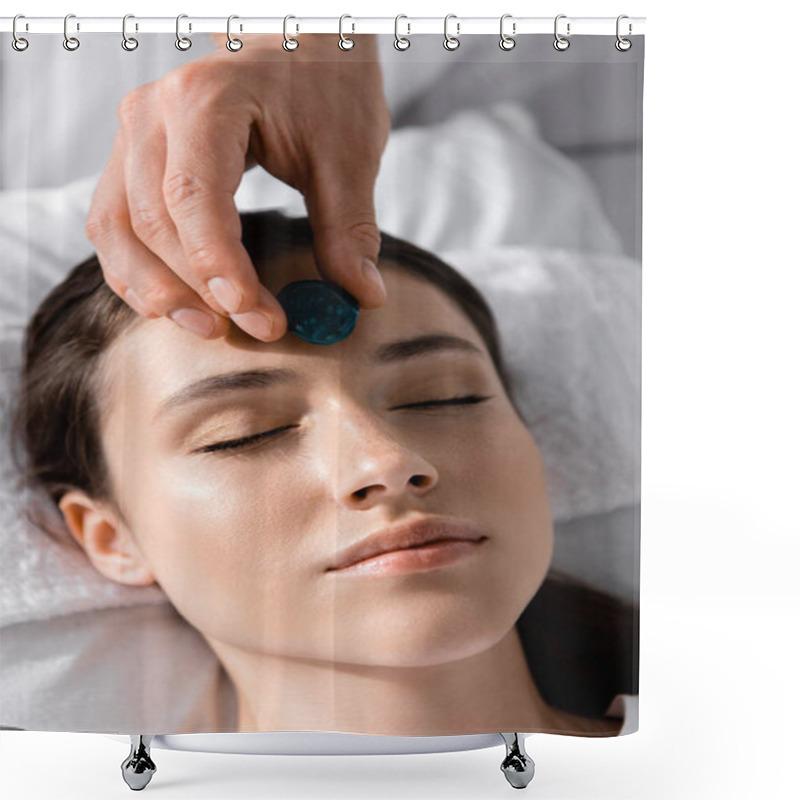 Personality  Cropped View Of Healer Standing Near Woman Lying On Pillow With Closed Eyes And Using Stone Shower Curtains