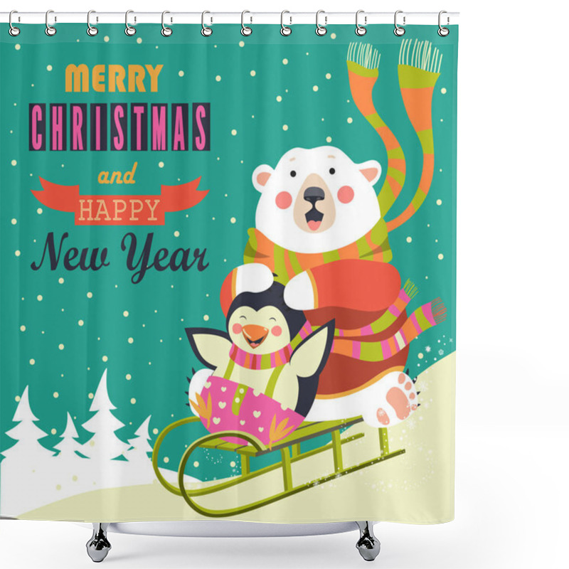 Personality  Frightened Bear And Happy Penguin Rolling Down A Hill On Sleds Shower Curtains