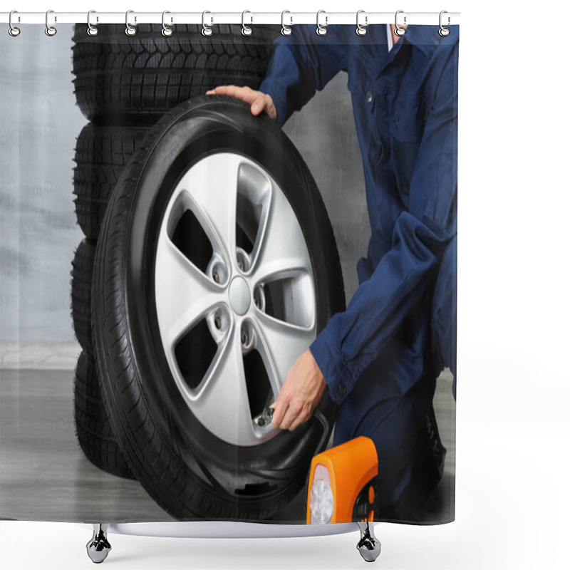 Personality  Young Mechanic And Wheels Shower Curtains