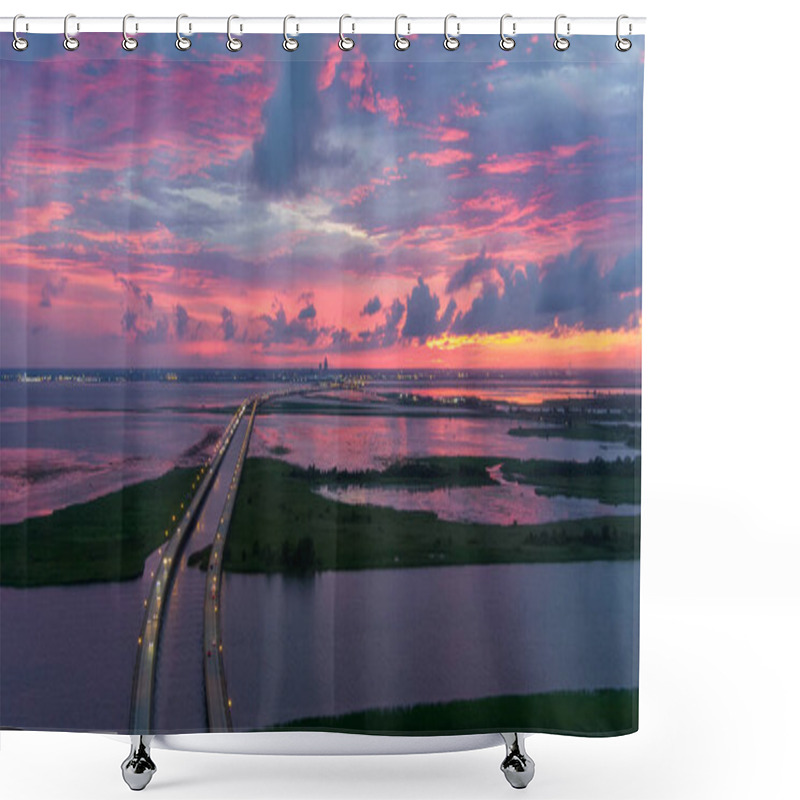 Personality  Aerial View Of Mobile Bay At Sunset In July Of 2021  Shower Curtains