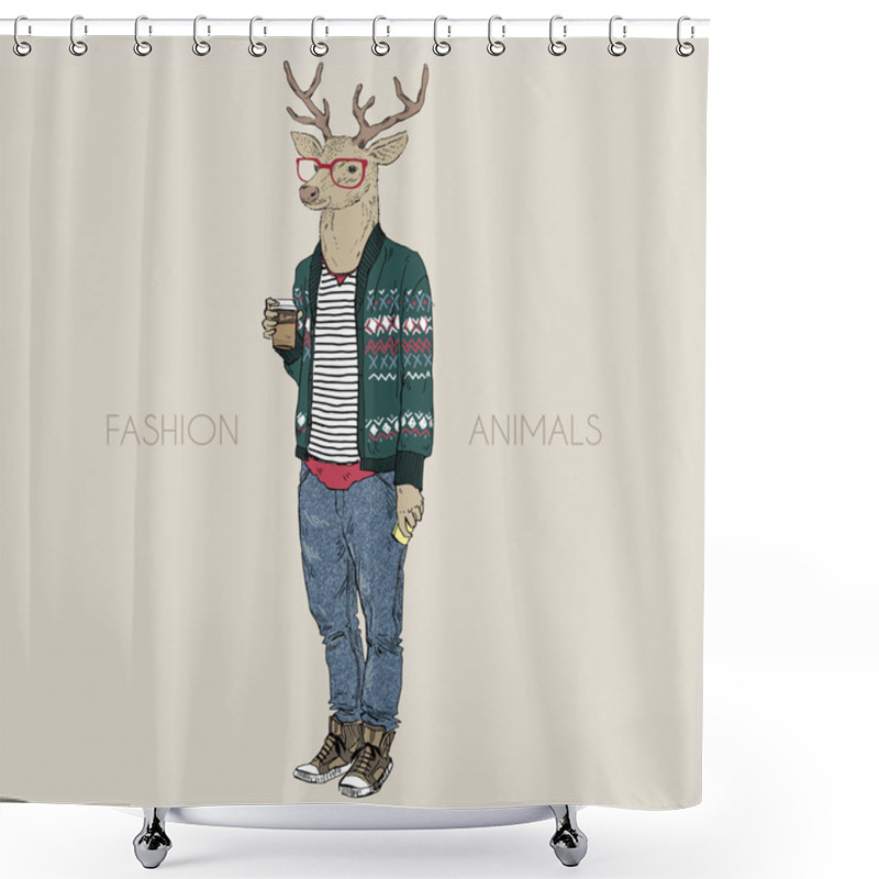 Personality  Deer Hipster Drinking Coffee Shower Curtains