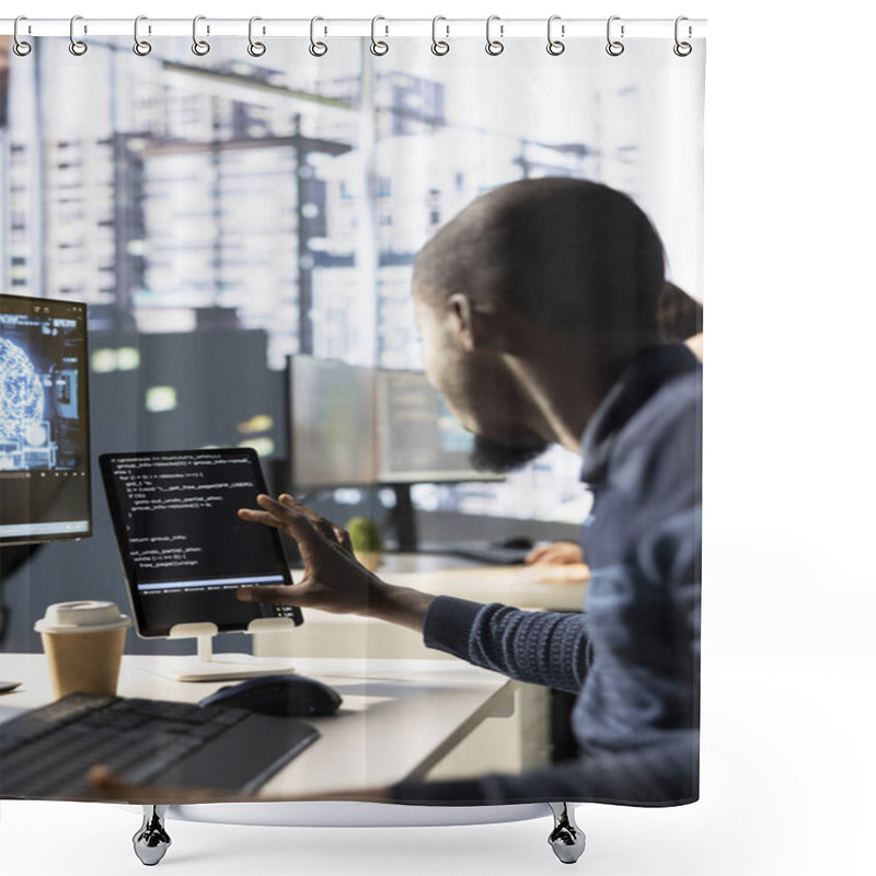 Personality  Programmer Using Tablet, Creating AI Machine Learning Models That Can Process And Analyze Data To Automate Decision Making Processes. IT Expert Doing Artificial Intelligence Programming Using Device Shower Curtains
