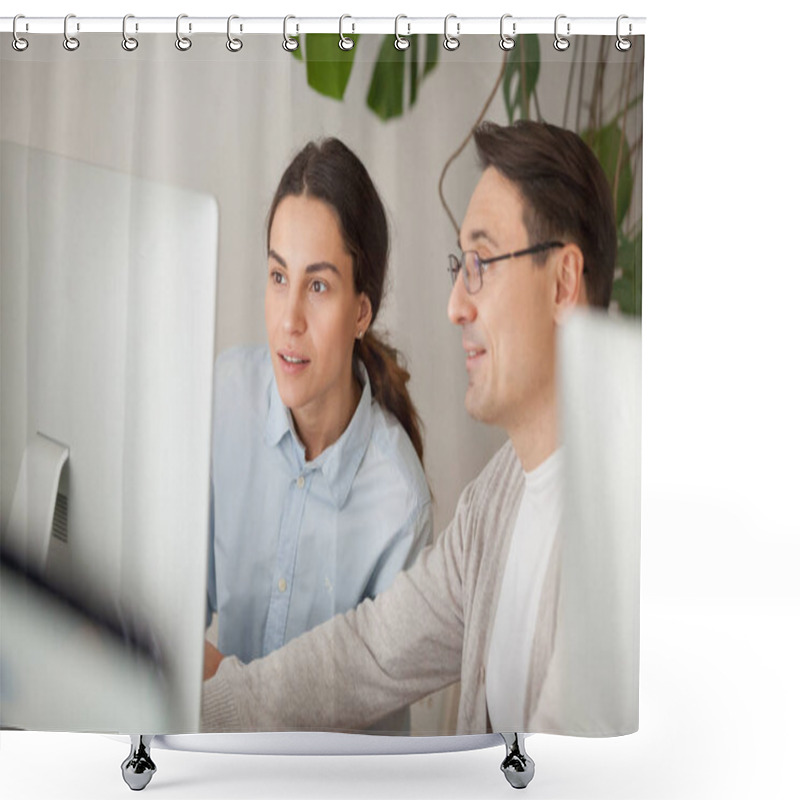 Personality  Mentor Helping Intern Explaining Trainee Or New Employee Online  Shower Curtains