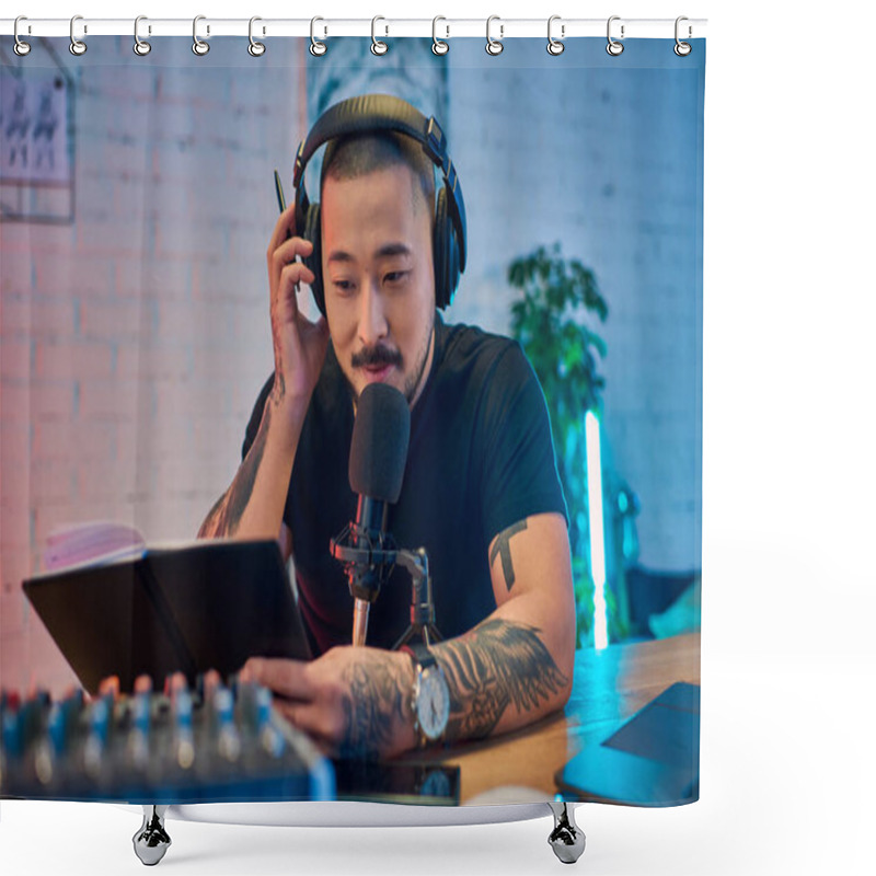 Personality  An Asian Man Wearing Headphones And A Microphone Records A Podcast In His Home Studio. Shower Curtains