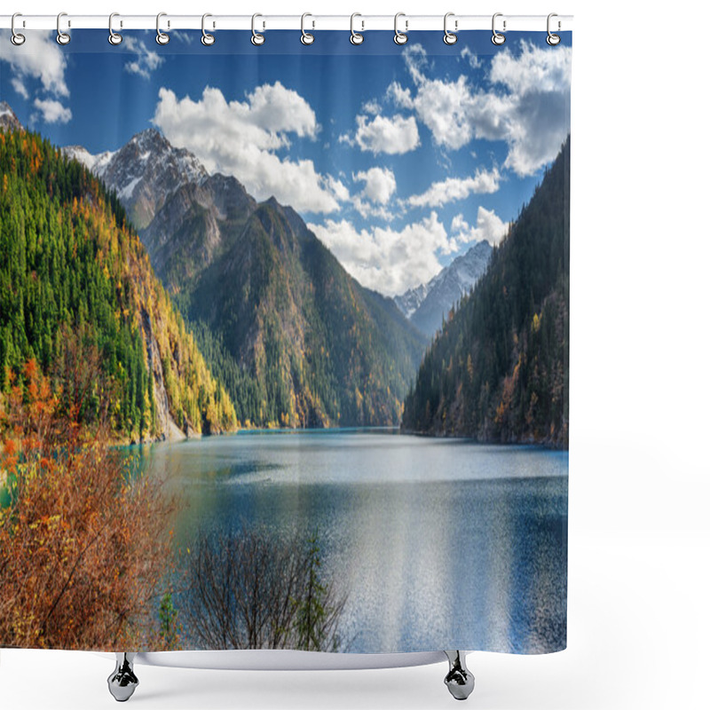 Personality  Scenic View Of The Long Lake Among Mountains And Fall Woods Shower Curtains