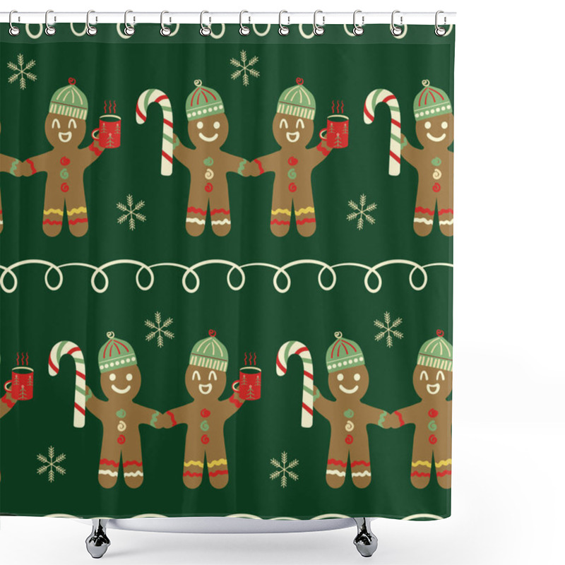 Personality  Cute Gingerbread Men, Candy Canes, Doodle Lines Seamless Vector Pattern Background. Traditional Christmas Motifs On Dark Green Backdrop. Fun Festive Hand Drawn Naive Style Repeat For Happy Holidays. Shower Curtains