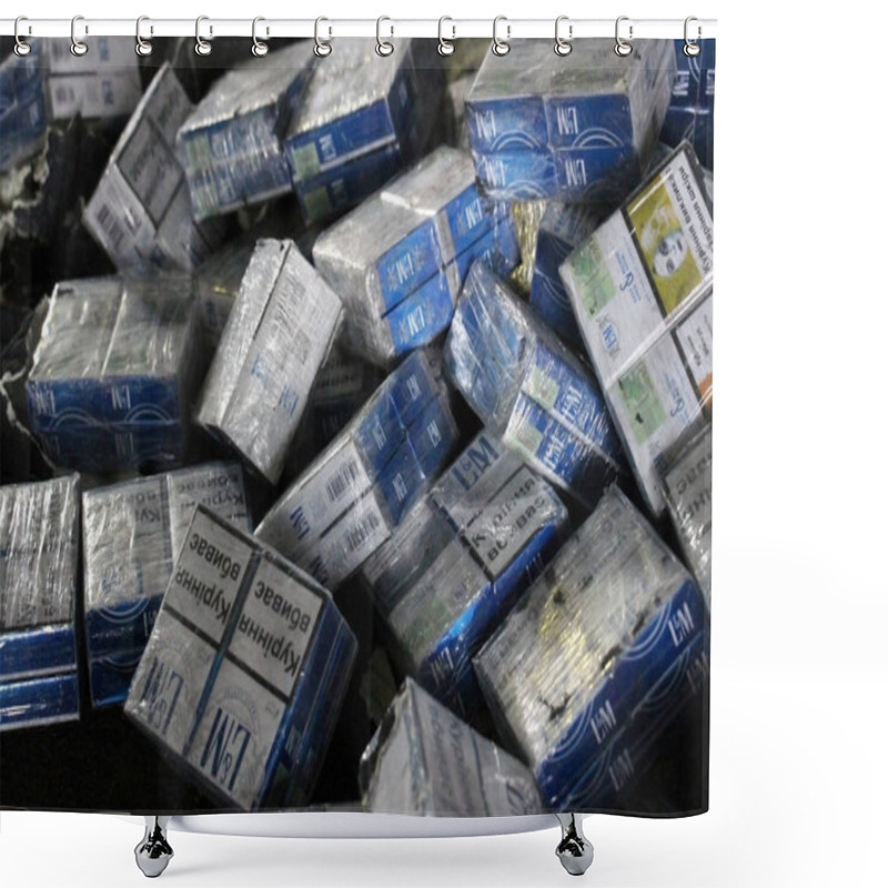 Personality  Close-up Of Smuggled Cigarettes Packs, Which Were Specially Disg Shower Curtains