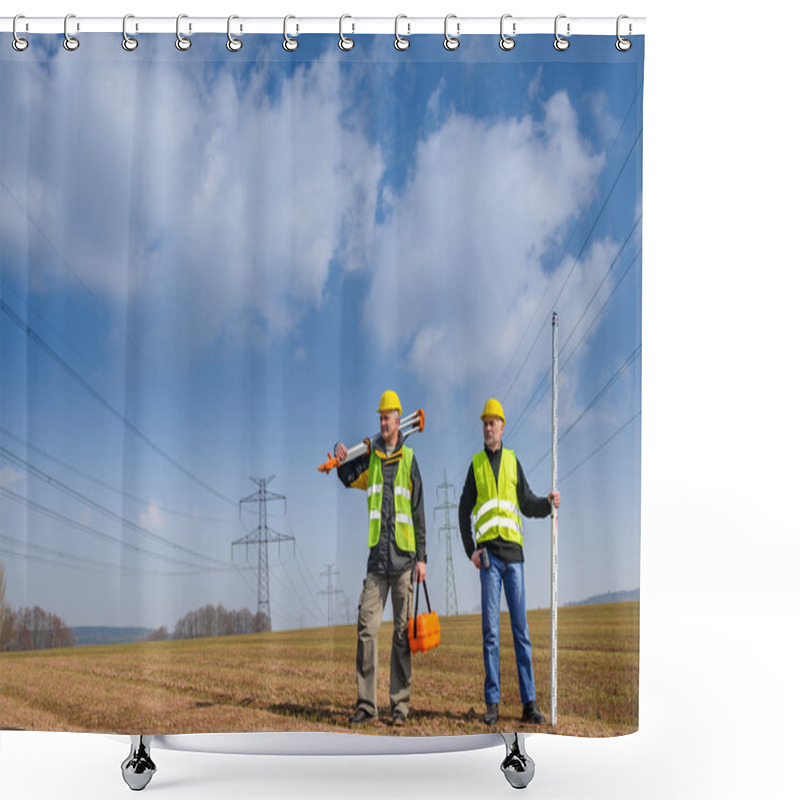 Personality  Geodesist Two Man Equipment On Construction Site Shower Curtains