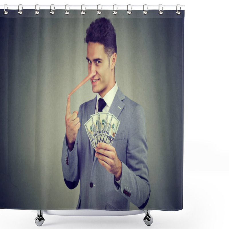 Personality  Financial Fraud Concept. Sly Liar Young Business Man With Dollar Cash  Shower Curtains