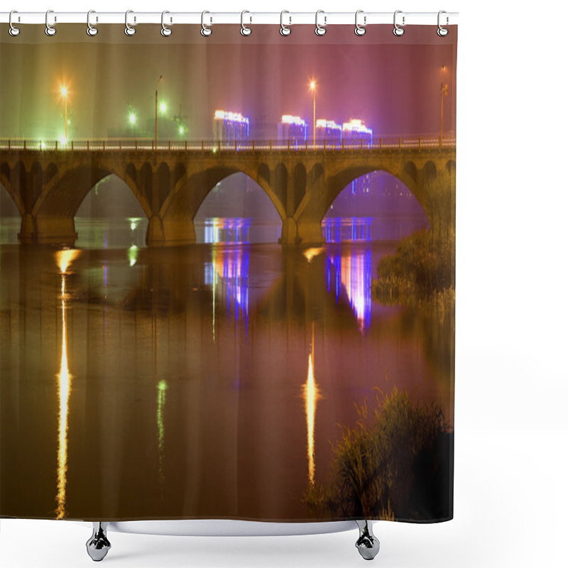 Personality  Bridge Hun River At Night With Reflections Liaoning Province Chi Shower Curtains