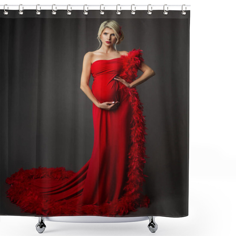 Personality  Fashion Pregnant Woman In Luxury Red Dress Over Black. Elegant Mother Embracing Belly In Evening Gown With Feather. Pregnancy Stylish Clothes Shower Curtains