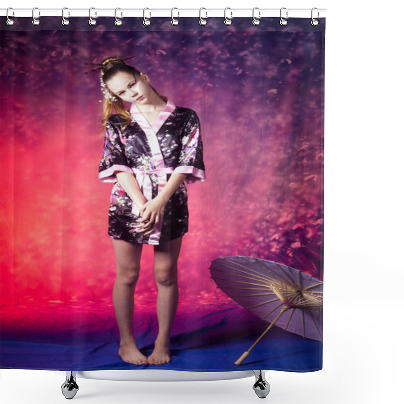 Personality  Young Teenage Girl In Floral Kimono In Studio Shower Curtains