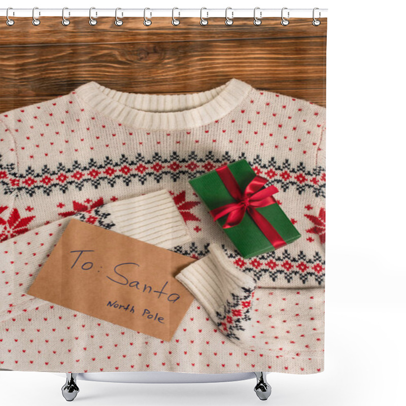 Personality  Top View Of Letter To Santa Near Gift Box On Knitted Sweater  Shower Curtains