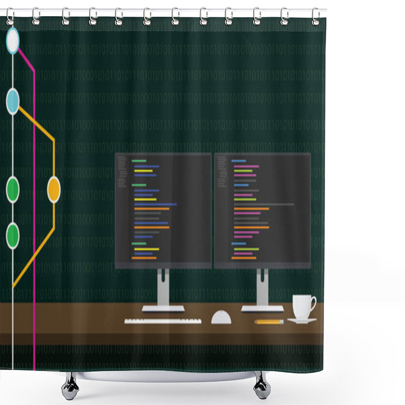 Personality  Git Code Repository Concept Illustration With 3 Monitor Code Program Shower Curtains