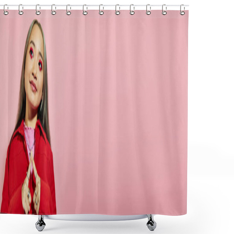 Personality  Pleased Young Asian Woman With Heart Shaped Eye Makeup Smiling And Looking Away On Pink, Banner Shower Curtains