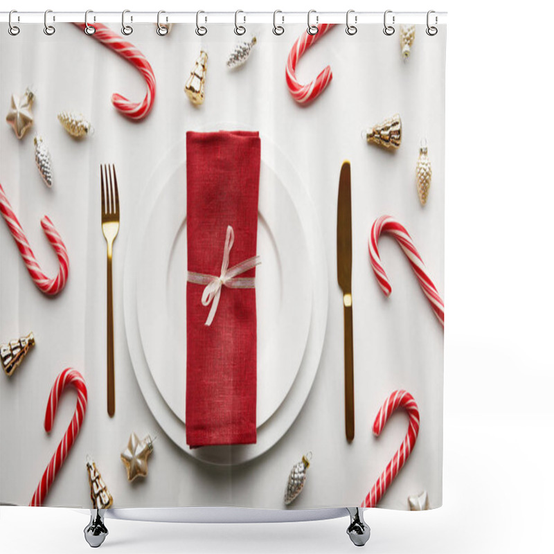 Personality  Top View Of Christmas Table Setting On White Background With Festive Decoration And Candies Shower Curtains